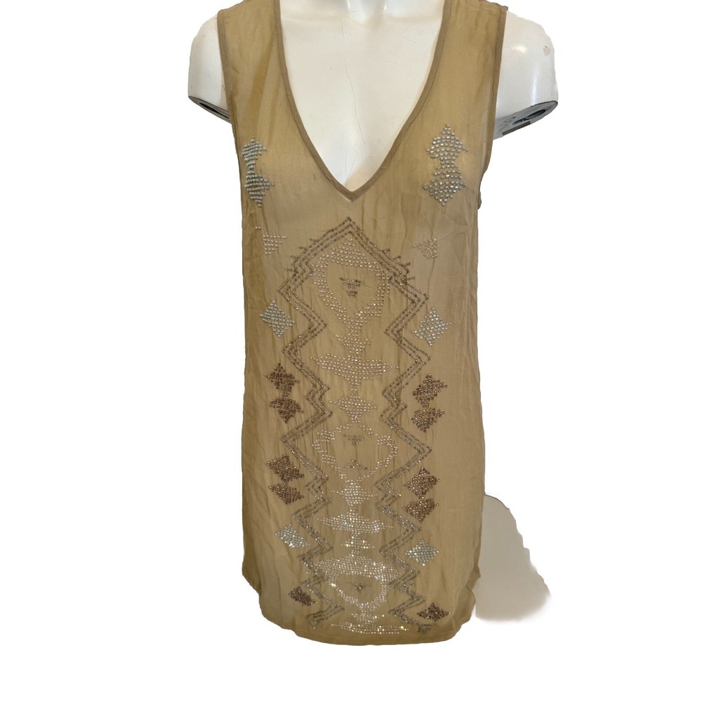 CHAN LUU Dress Beige Nude 20s flapper Sheer Sleeveless Beaded Sheath Ornate XS